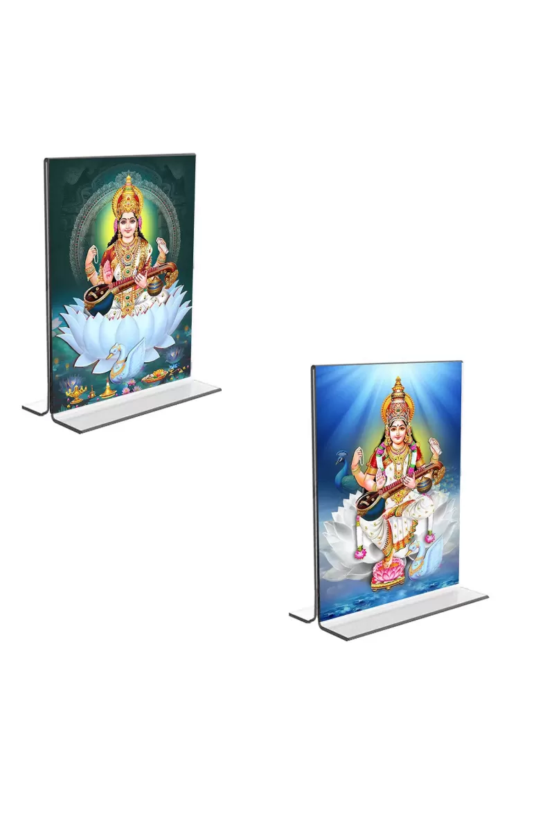 Car Desk/Table Top Maa Saraswati  Acrylic T-Style Photo Stand - 2.5x3.5 Inches, Compact And Stylish Spiritual Display, Easily Change  2 Photos ( Pack Of 1 ) (F9260)