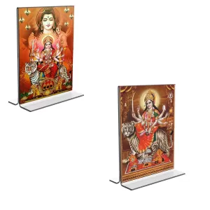 Car Desk/Table Top Lord Shiva & Lord Durga  Acrylic T-Style Photo Stand - 2.5x3.5 Inches, Compact And Stylish Spiritual Display, Easily Change  2 Photos ( Pack Of 1 ) (F9262)