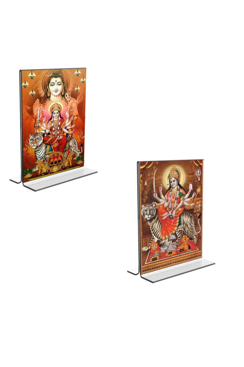 Car Desk/Table Top Lord Shiva & Lord Durga  Acrylic T-Style Photo Stand - 2.5x3.5 Inches, Compact And Stylish Spiritual Display, Easily Change  2 Photos ( Pack Of 1 ) (F9262)