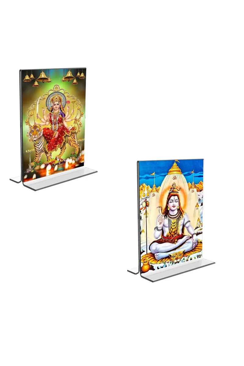 Car Desk/Table Top Lord Shiva & Lord Durga  Acrylic T-Style Photo Stand - 2.5x3.5 Inches, Compact And Stylish Spiritual Display, Easily Change  2 Photos ( Pack Of 1 ) (F9263)
