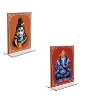 Car Desk/Table Top Lord Shiva & Lord Ganesh  Acrylic T-Style Photo Stand - 2.5x3.5 Inches, Compact And Stylish Spiritual Display, Easily Change  2 Photos ( Pack Of 1 ) (F9264)