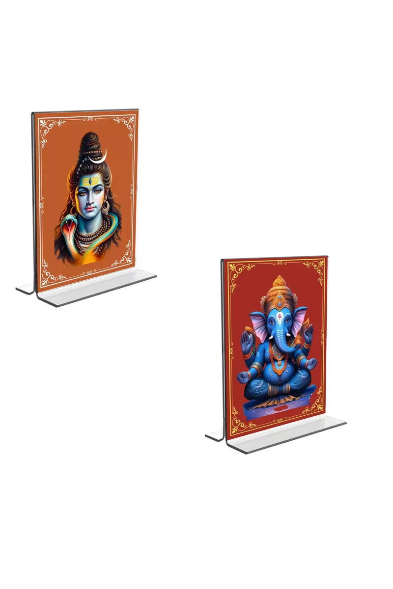 Car Desk/Table Top Lord Shiva & Lord Ganesh  Acrylic T-Style Photo Stand - 2.5x3.5 Inches, Compact And Stylish Spiritual Display, Easily Change  2 Photos ( Pack Of 1 ) (F9264)