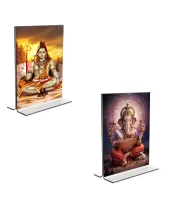 Car Desk/Table Top Lord Shiva & Lord Ganesh  Acrylic T-Style Photo Stand - 2.5x3.5 Inches, Compact And Stylish Spiritual Display, Easily Change  2 Photos ( Pack Of 1 ) (F9265)