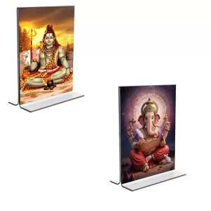 Car Desk/Table Top Lord Shiva & Lord Ganesh  Acrylic T-Style Photo Stand - 2.5x3.5 Inches, Compact And Stylish Spiritual Display, Easily Change  2 Photos ( Pack Of 1 ) (F9265)