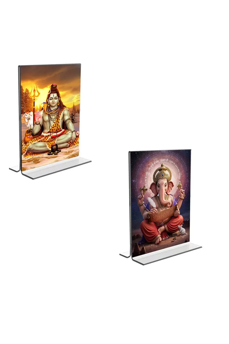Car Desk/Table Top Lord Shiva & Lord Ganesh  Acrylic T-Style Photo Stand - 2.5x3.5 Inches, Compact And Stylish Spiritual Display, Easily Change  2 Photos ( Pack Of 1 ) (F9265)