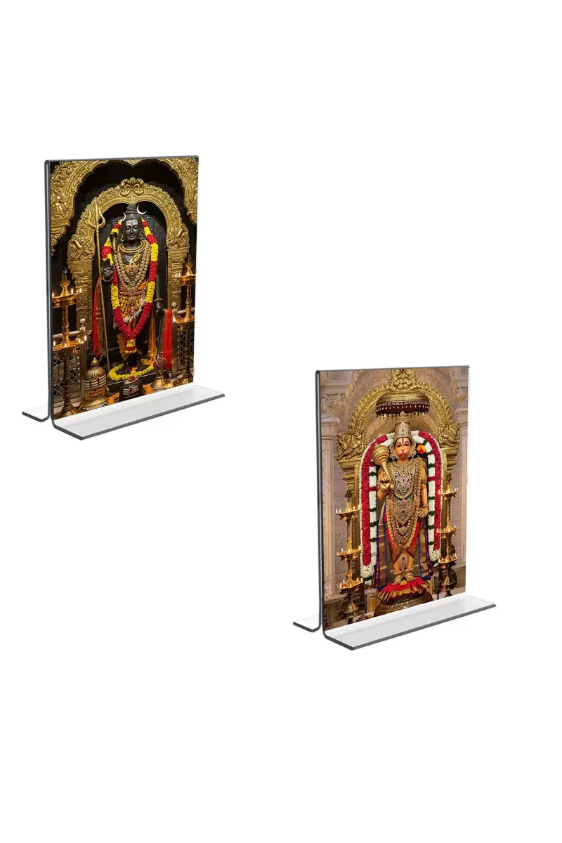 Car Desk/Table Top Lord Shiva & Sri Hanuman  Acrylic T-Style Photo Stand - 2.5x3.5 Inches, Compact And Stylish Spiritual Display, Easily Change  2 Photos ( Pack Of 1 ) (F9266)