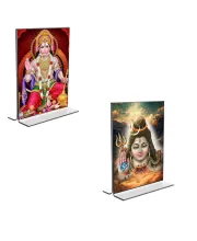 Car Desk/Table Top Lord Shiva & Sri Hanuman  Acrylic T-Style Photo Stand - 2.5x3.5 Inches, Compact And Stylish Spiritual Display, Easily Change  2 Photos ( Pack Of 1 ) (F9267)