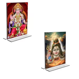 Car Desk/Table Top Lord Shiva & Sri Hanuman  Acrylic T-Style Photo Stand - 2.5x3.5 Inches, Compact And Stylish Spiritual Display, Easily Change  2 Photos ( Pack Of 1 ) (F9267)