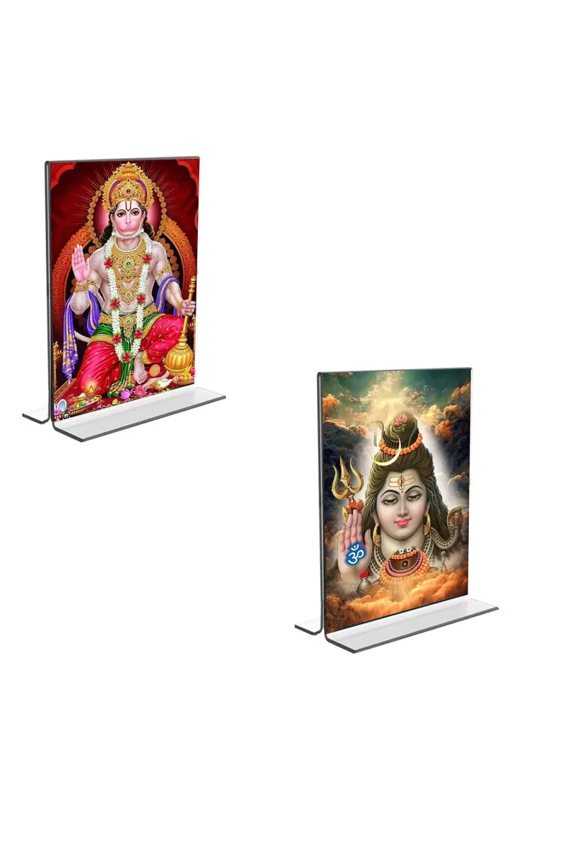 Car Desk/Table Top Lord Shiva & Sri Hanuman  Acrylic T-Style Photo Stand - 2.5x3.5 Inches, Compact And Stylish Spiritual Display, Easily Change  2 Photos ( Pack Of 1 ) (F9267)
