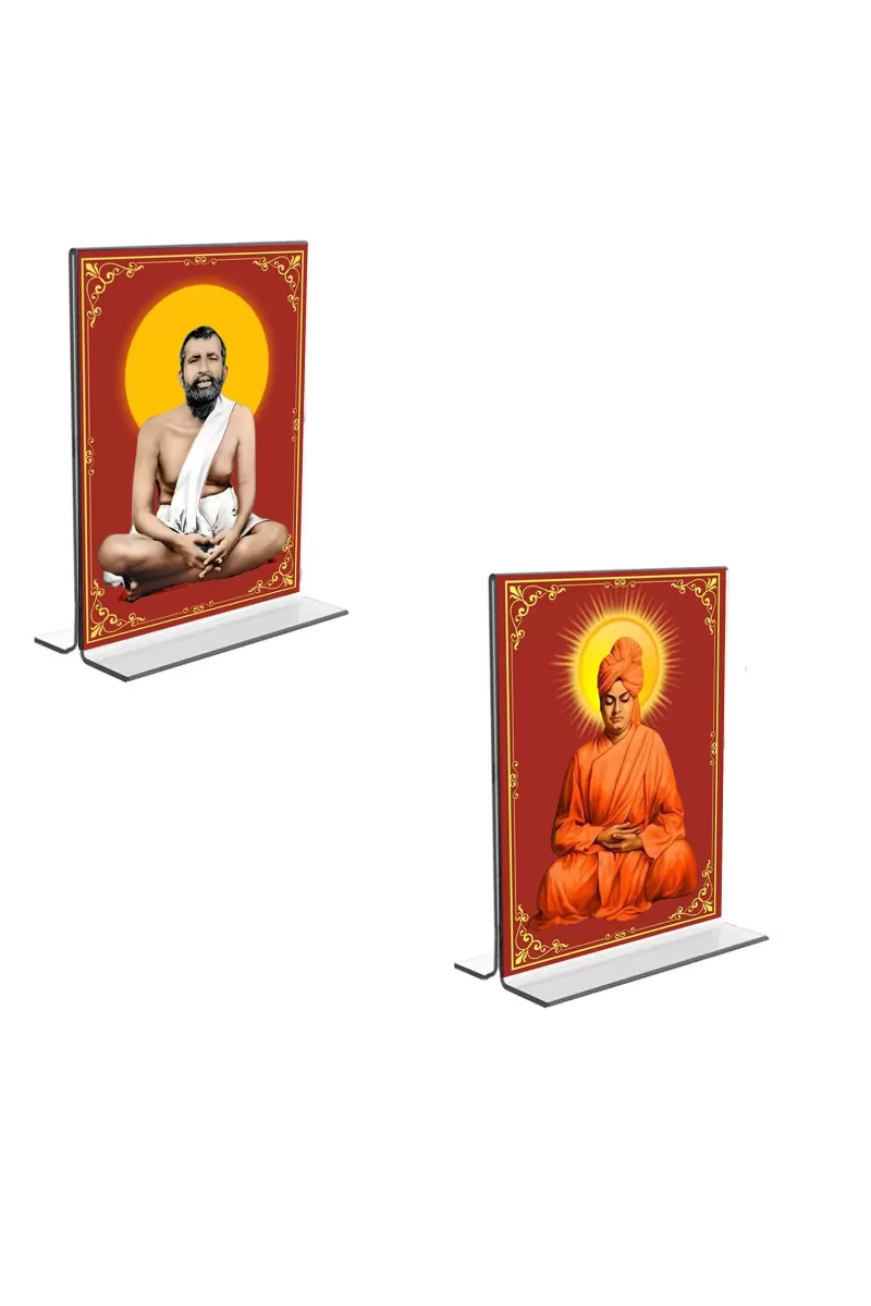 Car Desk/Table Top Sri Ramakrishna Paramhansa & Swami Vivekananda  Acrylic T-Style Photo Stand - 2.5x3.5 Inches, Compact And Stylish Spiritual Display, Easily Change  2 Photos ( Pack Of 1 ) (F9272)