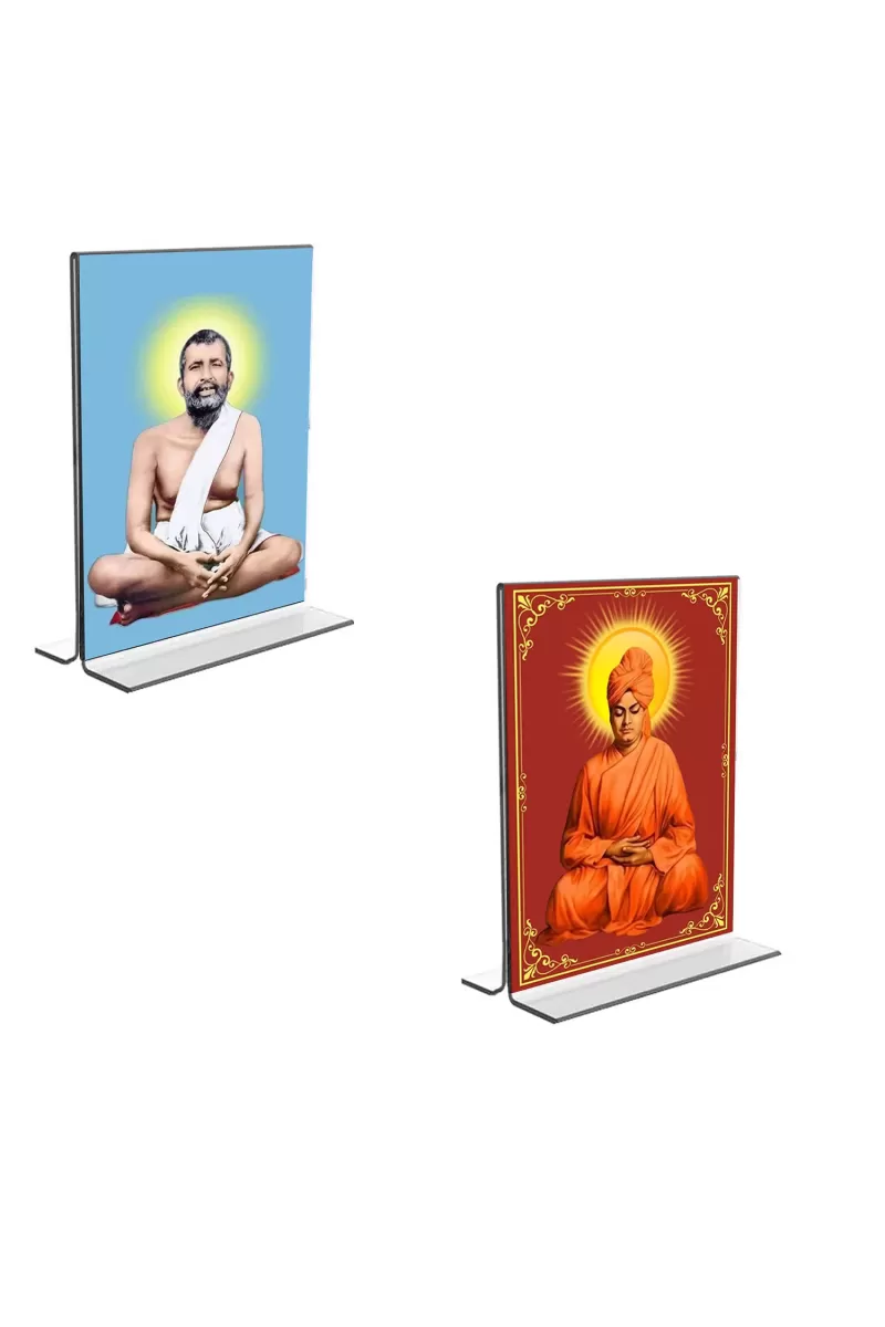 Car Desk/Table Top Sri Ramakrishna Paramhansa & Swami Vivekananda  Acrylic T-Style Photo Stand - 2.5x3.5 Inches, Compact And Stylish Spiritual Display, Easily Change  2 Photos ( Pack Of 1 ) (F9273)