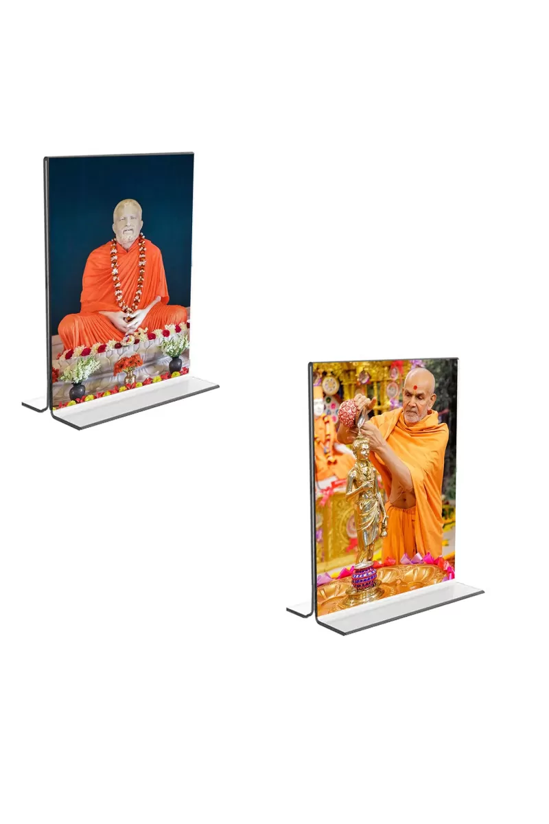 Car Desk/Table Top Sri Ramakrishna Paramhansa & Swami Narayan  Acrylic T-Style Photo Stand - 2.5x3.5 Inches, Compact And Stylish Spiritual Display, Easily Change  2 Photos ( Pack Of 1 ) (F9274)