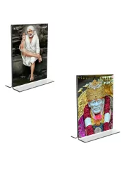 Car Desk/Table Top Sai Baba  Acrylic T-Style Photo Stand - 2.5x3.5 Inches, Compact And Stylish Spiritual Display, Easily Change  2 Photos ( Pack Of 1 ) (F9279)
