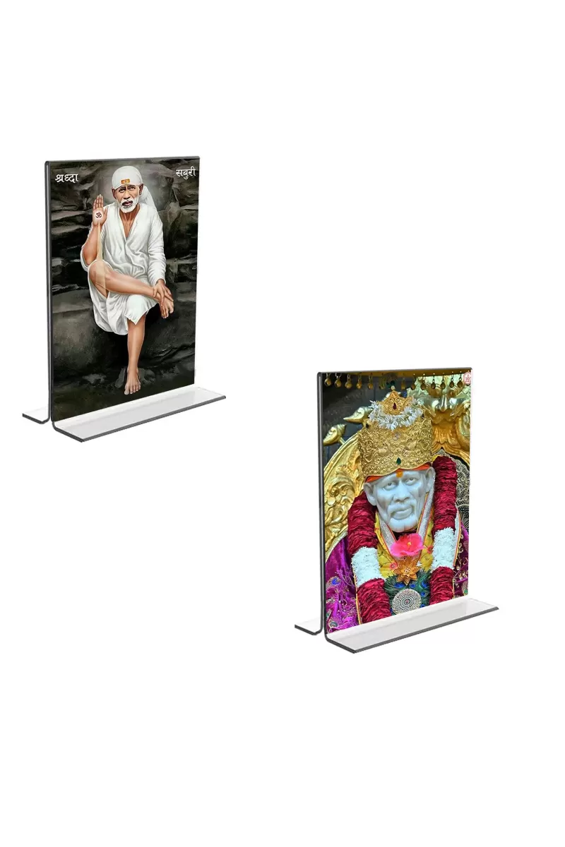 Car Desk/Table Top Sai Baba  Acrylic T-Style Photo Stand - 2.5x3.5 Inches, Compact And Stylish Spiritual Display, Easily Change  2 Photos ( Pack Of 1 ) (F9279)