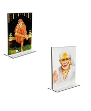 Car Desk/Table Top Sai Baba  Acrylic T-Style Photo Stand - 2.5x3.5 Inches, Compact And Stylish Spiritual Display, Easily Change  2 Photos ( Pack Of 1 ) (F9280)