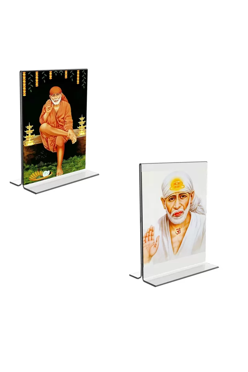 Car Desk/Table Top Sai Baba  Acrylic T-Style Photo Stand - 2.5x3.5 Inches, Compact And Stylish Spiritual Display, Easily Change  2 Photos ( Pack Of 1 ) (F9280)