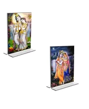 Car Desk/Table Top Sri Radha Sri Krishna  Acrylic T-Style Photo Stand - 2.5x3.5 Inches, Compact And Stylish Spiritual Display, Easily Change  2 Photos ( Pack Of 1 ) (F9281)