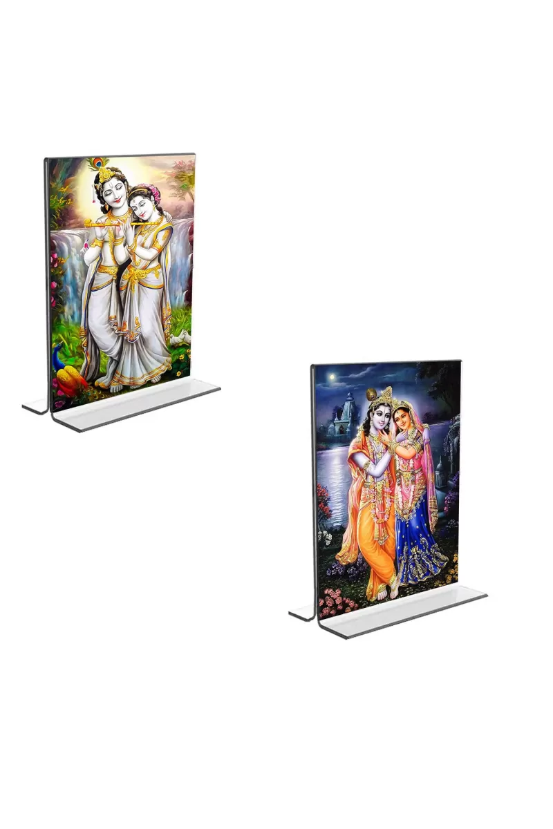 Car Desk/Table Top Sri Radha Sri Krishna  Acrylic T-Style Photo Stand - 2.5x3.5 Inches, Compact And Stylish Spiritual Display, Easily Change  2 Photos ( Pack Of 1 ) (F9281)
