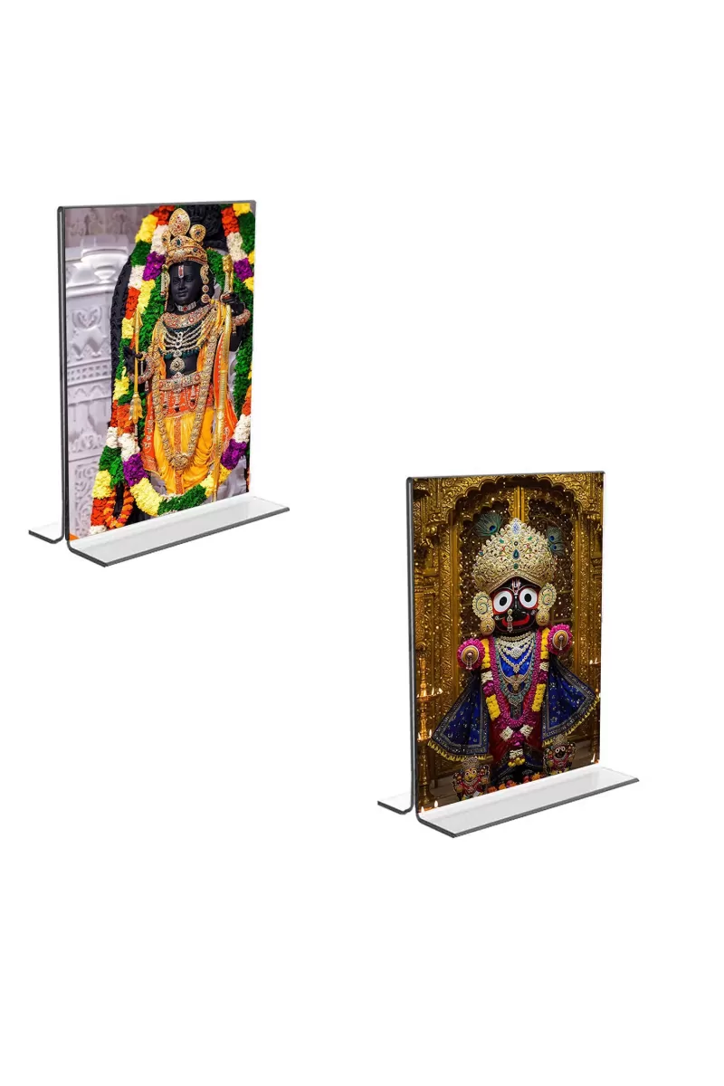 Car Desk/Table Top Lord Ram Lalla & Lord Jagannath  Acrylic T-Style Photo Stand - 2.5x3.5 Inches, Compact And Stylish Spiritual Display, Easily Change  2 Photos ( Pack Of 1 ) (F9282)