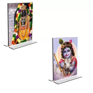 Car Desk/Table Top Lord Ram Lalla & Sri Krishna Acrylic T-Style Photo Stand - 2.5x3.5 Inches, Compact And Stylish Spiritual Display, Easily Change 2 Photos ( Pack Of 1 ) (F9283) Car Desk/Table Top Lord Ram Lalla & Sri Krishna Acrylic T-Style Photo Stand - 2.5x3.5 Inches, Compact And Stylish Spiritual Display, Easily Change 2 Photos ( Pack Of 1 ) (F9283)