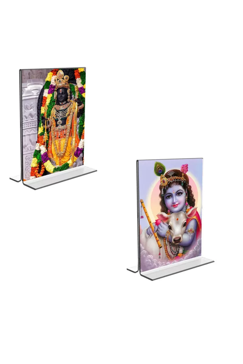Car Desk/Table Top Lord Ram Lalla & Sri Krishna  Acrylic T-Style Photo Stand - 2.5x3.5 Inches, Compact And Stylish Spiritual Display, Easily Change  2 Photos ( Pack Of 1 ) (F9283)