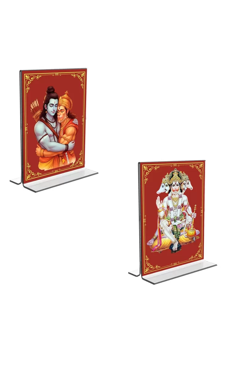 Car Desk/Table Top Sri Ram & CHanuman  Acrylic T-Style Photo Stand - 2.5x3.5 Inches, Compact And Stylish Spiritual Display, Easily Change  2 Photos ( Pack Of 1 ) (F9286)