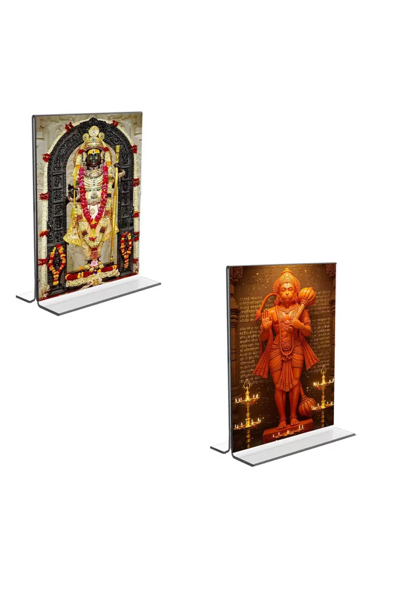 Car Desk/Table Top Sri Ram Lalla & Sri Hanuman  Acrylic T-Style Photo Stand - 2.5x3.5 Inches, Compact And Stylish Spiritual Display, Easily Change  2 Photos ( Pack Of 1 ) (F9287)