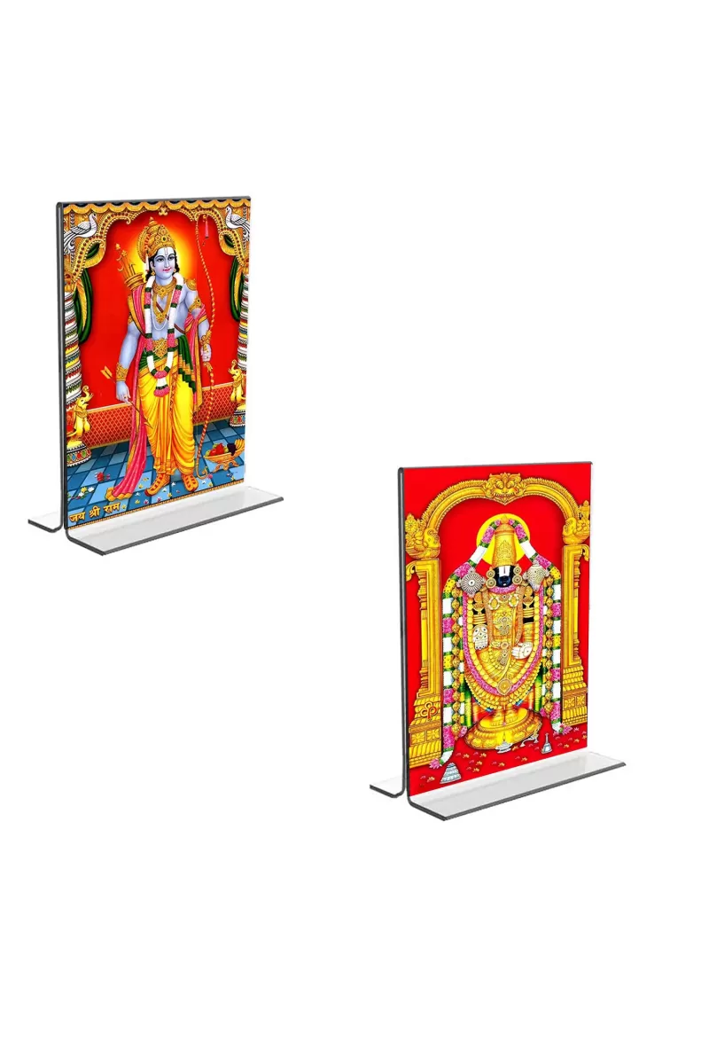 Car Desk/Table Top Sri Ram & Lord Tirupati Balaji  Acrylic T-Style Photo Stand - 2.5x3.5 Inches, Compact And Stylish Spiritual Display, Easily Change  2 Photos ( Pack Of 1 ) (F9288)