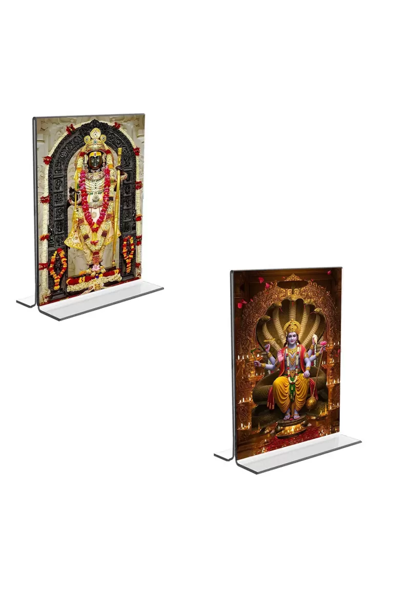 Car Desk/Table Top Sri Ram Lalla & Lord Vishnu  Acrylic T-Style Photo Stand - 2.5x3.5 Inches, Compact And Stylish Spiritual Display, Easily Change  2 Photos ( Pack Of 1 ) (F9289)