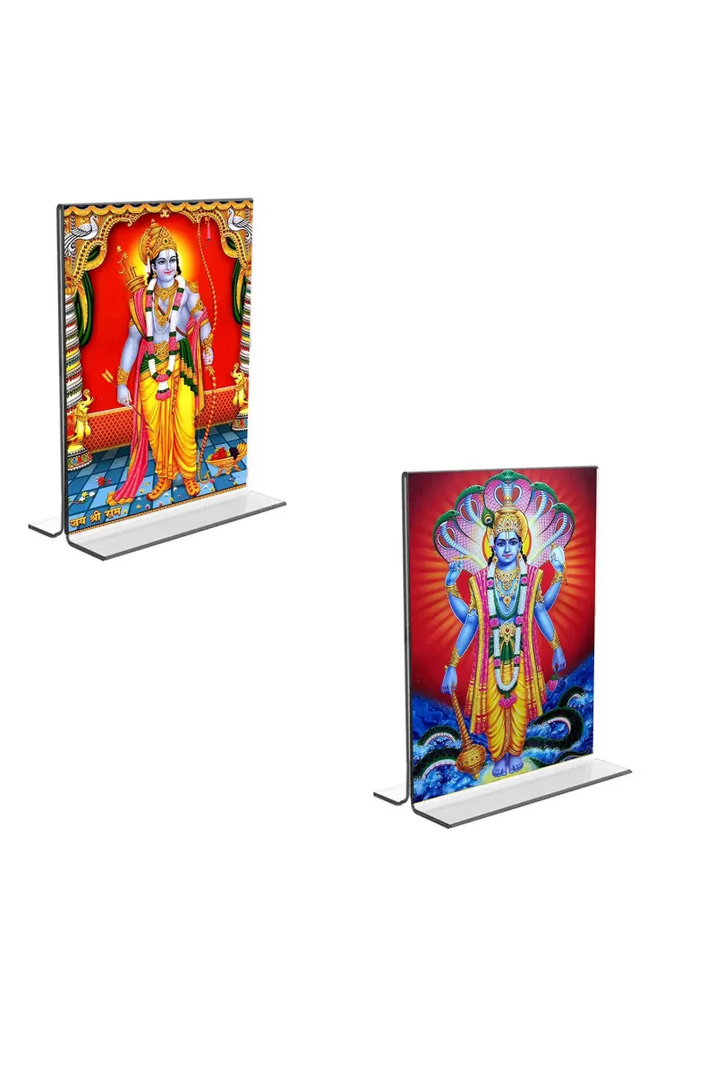 Car Desk/Table Top Sri Ram & Lord Vishnu  Acrylic T-Style Photo Stand - 2.5x3.5 Inches, Compact And Stylish Spiritual Display, Easily Change  2 Photos ( Pack Of 1 ) (F9290)