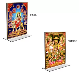 Car Desk/Table Top Maa Nava Durga & Maa Lakshmi Sri Ganesh Maa Saraswati  Acrylic T-Style Photo Stand - 2.5x3.5 Inches, Compact And Stylish Spiritual Display, Easily Change  2 Photos ( Pack Of 1 ) (F9296)