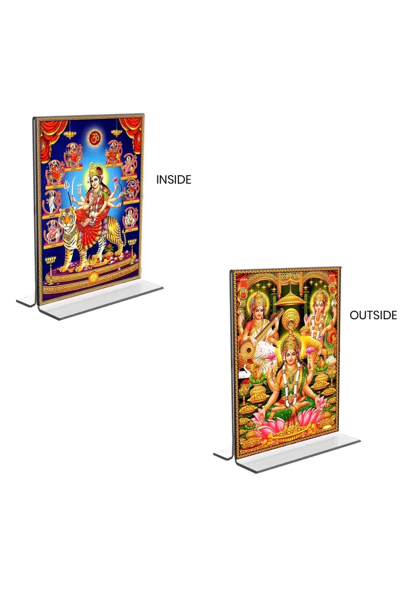 Car Desk/Table Top Maa Nava Durga & Maa Lakshmi Sri Ganesh Maa Saraswati  Acrylic T-Style Photo Stand - 2.5x3.5 Inches, Compact And Stylish Spiritual Display, Easily Change  2 Photos ( Pack Of 1 ) (F9296)