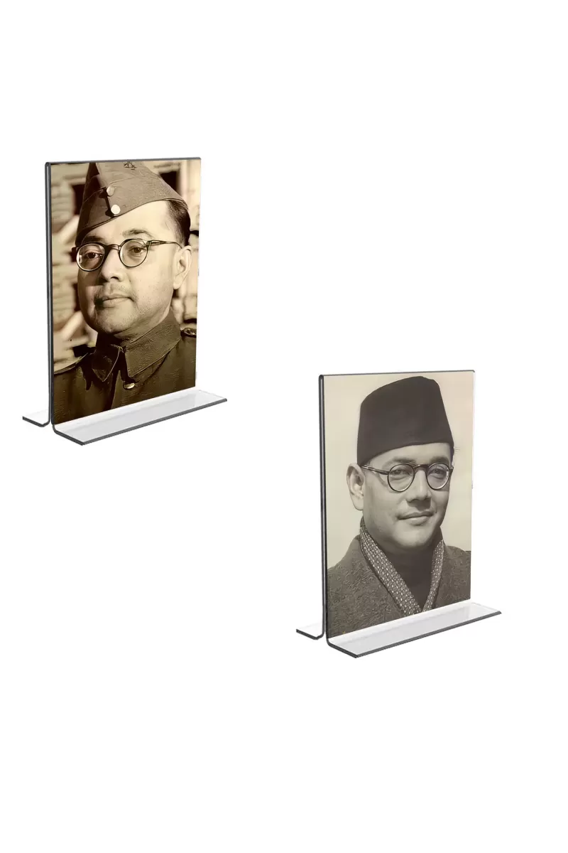 Car Desk/Table Top Netaji Subhas Chandra Bose  Acrylic T-Style Photo Stand - 2.5x3.5 Inches, Compact And Stylish Spiritual Display, Easily Change  2 Photos ( Pack Of 1 ) (F9297)