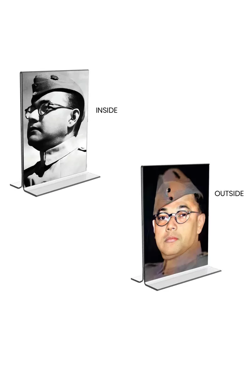 Car Desk/Table Top Netaji Subhas Chandra Bose  Acrylic T-Style Photo Stand - 2.5x3.5 Inches, Compact And Stylish Spiritual Display, Easily Change  2 Photos ( Pack Of 1 ) (F9298)