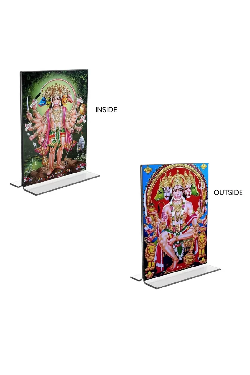 Car Desk/Table Top Panchmukhi Hanuman  Acrylic T-Style Photo Stand - 2.5x3.5 Inches, Compact And Stylish Spiritual Display, Easily Change  2 Photos ( Pack Of 1 ) (F9300)