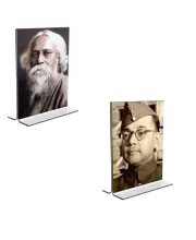 Car Desk/Table Top Sri Rabindranath Tagore And  Netaji Subhash Chandra Bose  Acrylic T-Style Photo Stand - 2.5x3.5 Inches, Compact And Stylish Spiritual Display, Easily Change  2 Photos ( Pack Of 1 ) (F9301)