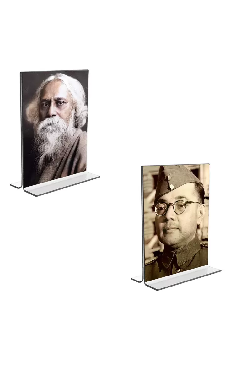 Car Desk/Table Top Sri Rabindranath Tagore And  Netaji Subhash Chandra Bose  Acrylic T-Style Photo Stand - 2.5x3.5 Inches, Compact And Stylish Spiritual Display, Easily Change  2 Photos ( Pack Of 1 ) (F9301)