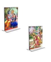 Car Desk/Table Top Sri Radha Sri Krishna  Acrylic T-Style Photo Stand - 2.5x3.5 Inches, Compact And Stylish Spiritual Display, Easily Change  2 Photos ( Pack Of 1 ) (F9302)