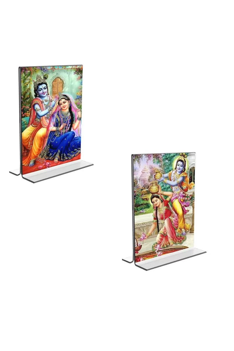 Car Desk/Table Top Sri Radha Sri Krishna  Acrylic T-Style Photo Stand - 2.5x3.5 Inches, Compact And Stylish Spiritual Display, Easily Change  2 Photos ( Pack Of 1 ) (F9302)