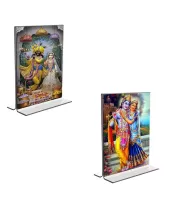Car Desk/Table Top Sri Radha Sri Krishna  Acrylic T-Style Photo Stand - 2.5x3.5 Inches, Compact And Stylish Spiritual Display, Easily Change  2 Photos ( Pack Of 1 ) (F9303)