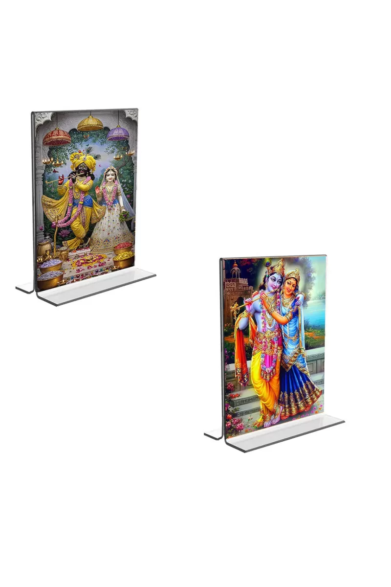 Car Desk/Table Top Sri Radha Sri Krishna  Acrylic T-Style Photo Stand - 2.5x3.5 Inches, Compact And Stylish Spiritual Display, Easily Change  2 Photos ( Pack Of 1 ) (F9303)