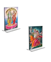Car Desk/Table Top Sri Lakshmi Narayan & Sri Radha Krishna  Acrylic T-Style Photo Stand - 2.5x3.5 Inches, Compact And Stylish Spiritual Display, Easily Change  2 Photos ( Pack Of 1 ) (F9304)