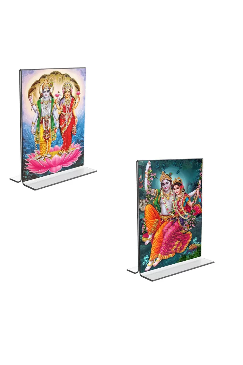Car Desk/Table Top Sri Lakshmi Narayan & Sri Radha Krishna  Acrylic T-Style Photo Stand - 2.5x3.5 Inches, Compact And Stylish Spiritual Display, Easily Change  2 Photos ( Pack Of 1 ) (F9304)