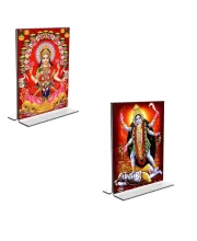 Car Desk/Table Top Maa Lakshmi & Maa Kali  Acrylic T-Style Photo Stand - 2.5x3.5 Inches, Compact And Stylish Spiritual Display, Easily Change  2 Photos ( Pack Of 1 ) (F9305)