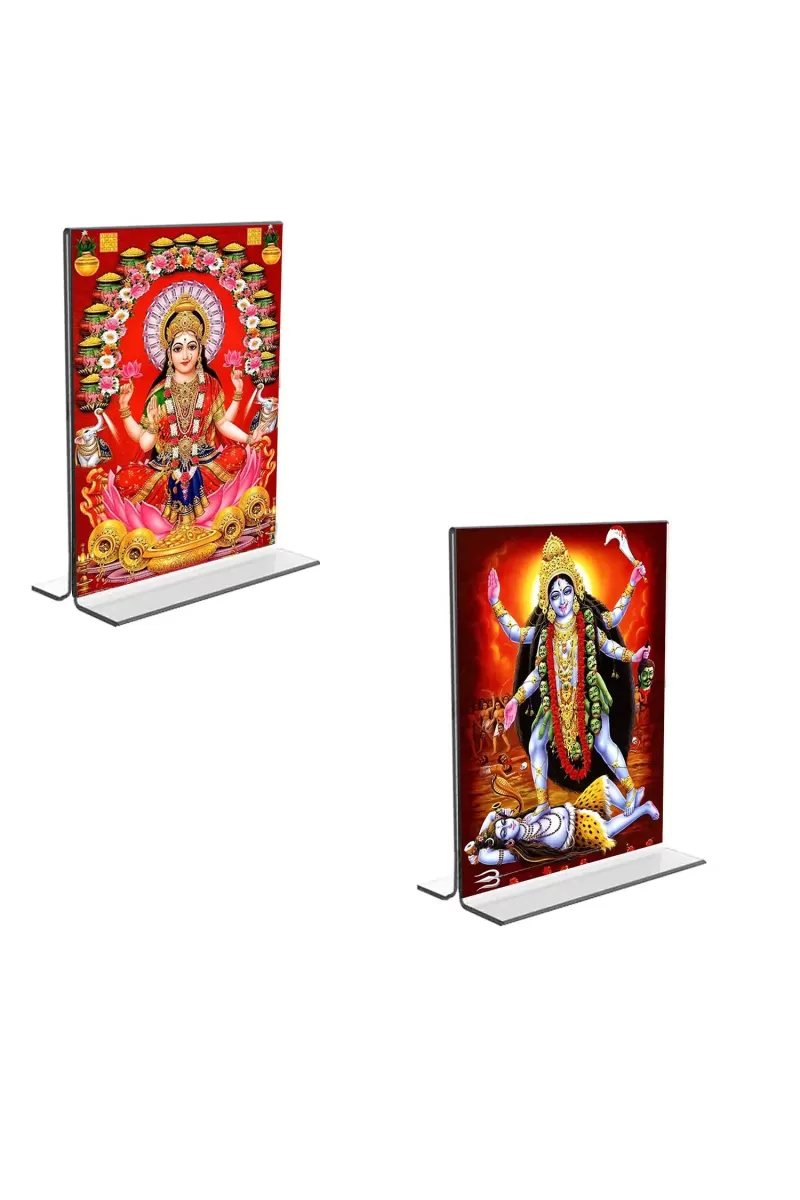 Car Desk/Table Top Maa Lakshmi & Maa Kali  Acrylic T-Style Photo Stand - 2.5x3.5 Inches, Compact And Stylish Spiritual Display, Easily Change  2 Photos ( Pack Of 1 ) (F9305)