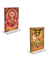 Car Desk/Table Top Maa Lakhsmi Sri Ganesh Maa Saraswati  Acrylic T-Style Photo Stand - 2.5x3.5 Inches, Compact And Stylish Spiritual Display, Easily Change  2 Photos ( Pack Of 1 ) (F9306)