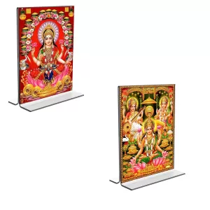 Car Desk/Table Top Maa Lakhsmi Sri Ganesh Maa Saraswati  Acrylic T-Style Photo Stand - 2.5x3.5 Inches, Compact And Stylish Spiritual Display, Easily Change  2 Photos ( Pack Of 1 ) (F9306)