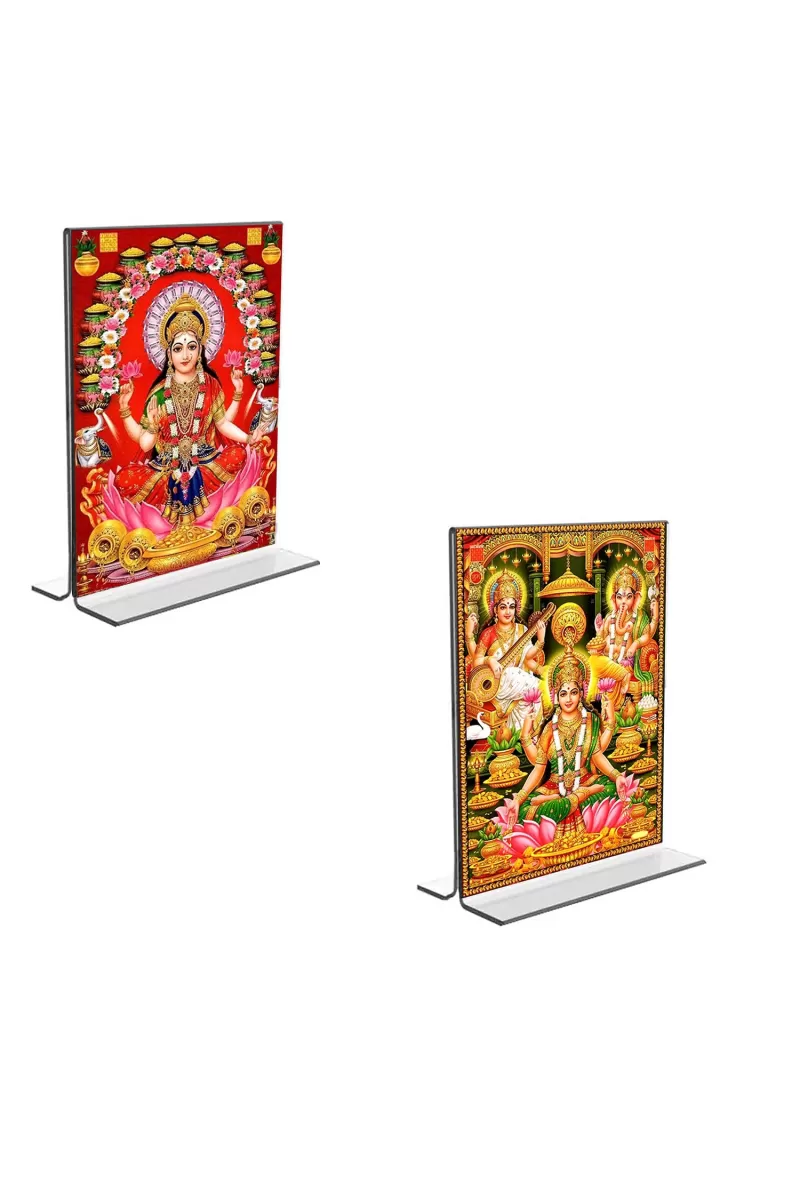Car Desk/Table Top Maa Lakhsmi Sri Ganesh Maa Saraswati  Acrylic T-Style Photo Stand - 2.5x3.5 Inches, Compact And Stylish Spiritual Display, Easily Change  2 Photos ( Pack Of 1 ) (F9306)