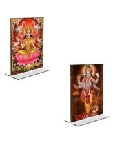 Car Desk/Table Top Maa Lakshmi Lord Narayan  Acrylic T-Style Photo Stand - 2.5x3.5 Inches, Compact And Stylish Spiritual Display, Easily Change  2 Photos ( Pack Of 1 ) (F9307)