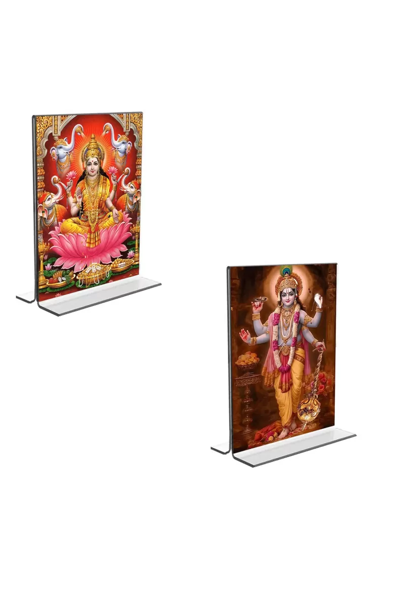 Car Desk/Table Top Maa Lakshmi Lord Narayan  Acrylic T-Style Photo Stand - 2.5x3.5 Inches, Compact And Stylish Spiritual Display, Easily Change  2 Photos ( Pack Of 1 ) (F9307)